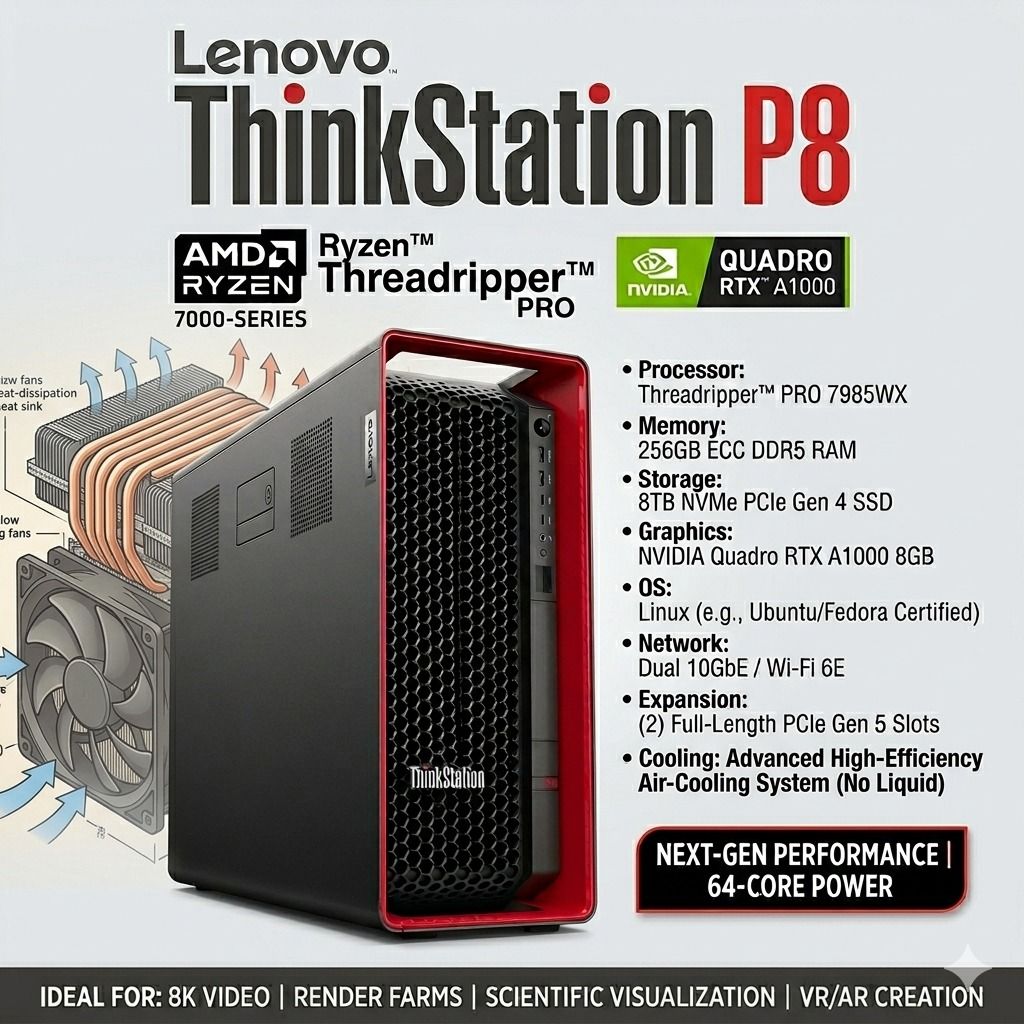 BRAND NEW LENOVO THINKSTATION P8 WORKSTATION | AMD Ryzen Threadripper PRO 7985WX (64-Core / 128 Threads) | 256GB DDR5 RAM | 8TB NVME SSD